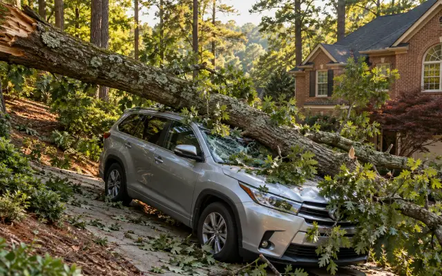 A heavy oak limb across the hood and windshield of an SUV on a steep driveway