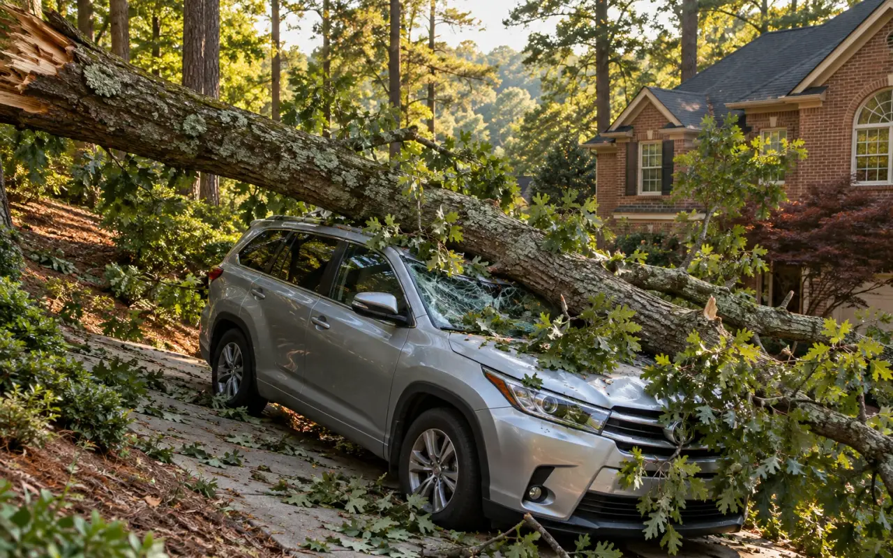 A heavy oak limb across the hood and windshield of an SUV on a steep driveway