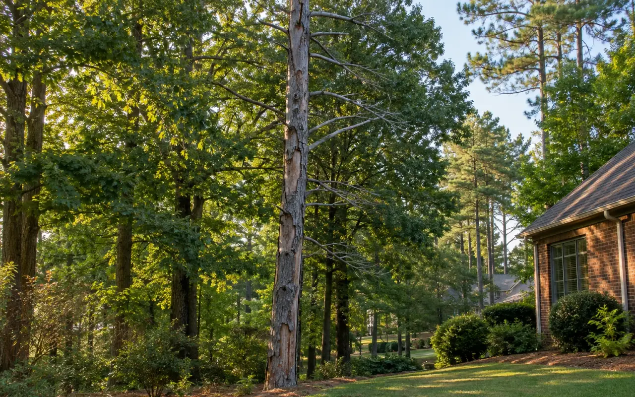A dead pine with bare gray branches among green oaks at the edge of a yard