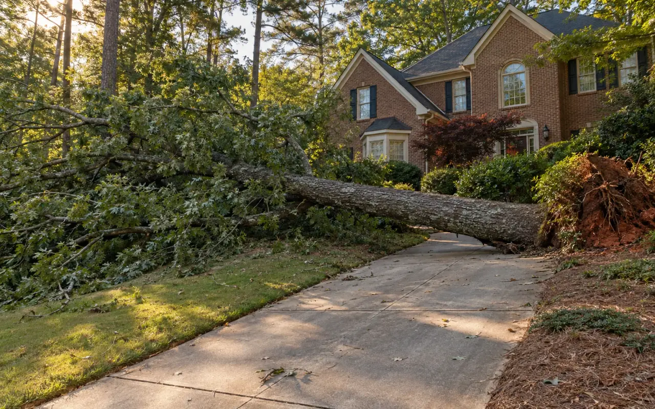 A fallen oak across a sloped driveway in front of a brick house