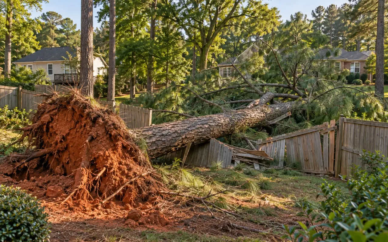 A fallen pine across a flattened privacy fence, red clay in its root plate