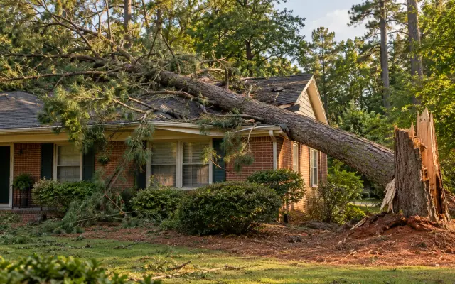 A snapped pine lying across the roof of a red brick ranch house