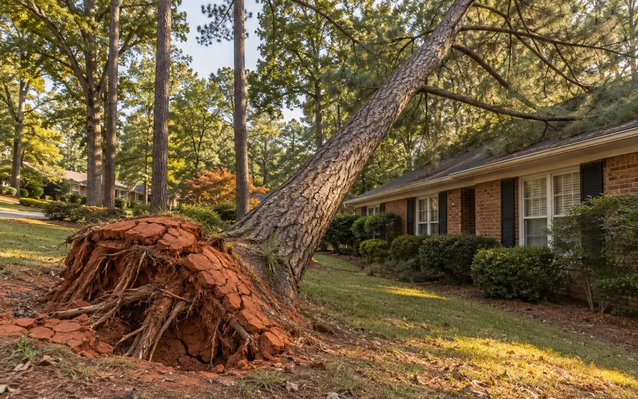 A tall pine leaning toward a house with red clay heaved up at its base