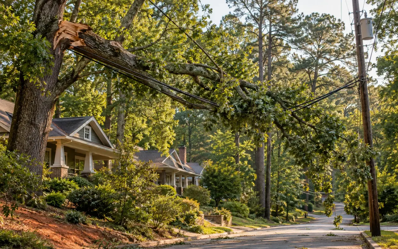 A broken oak limb resting on overhead lines above a street of bungalows