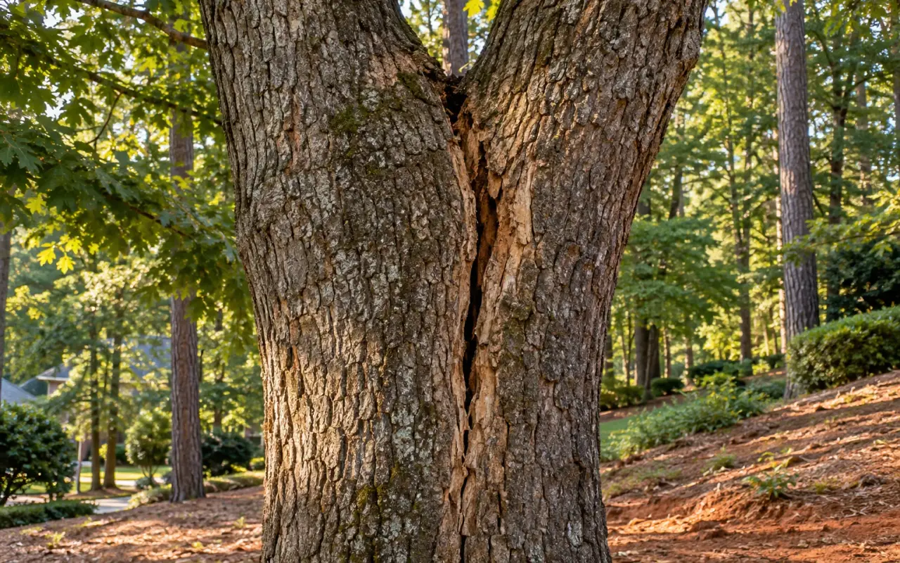 A fresh crack running down from the fork of a large oak trunk