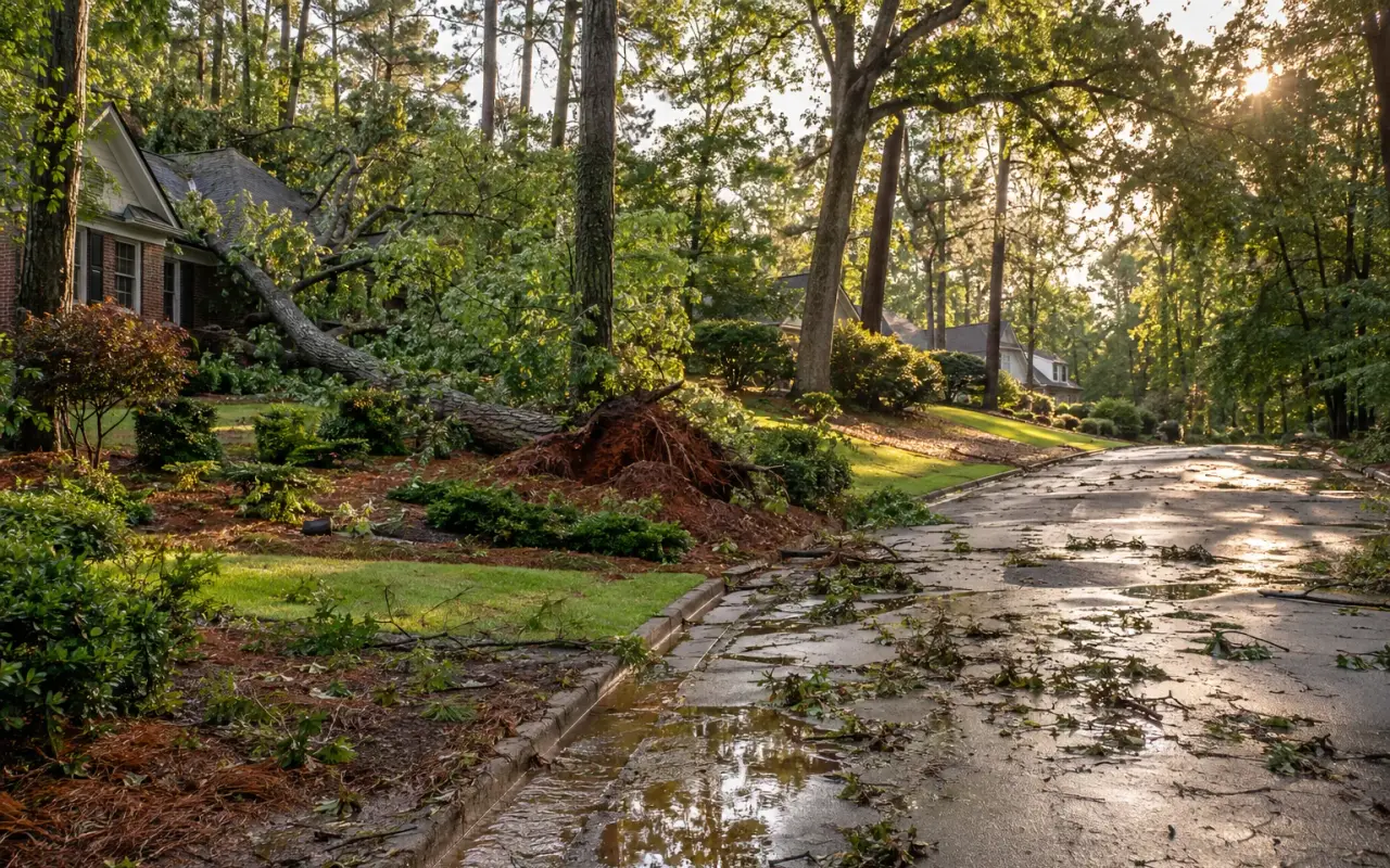 Pine branches and leaves scattered across a wooded street after a thunderstorm